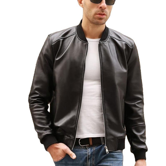 Man wearing a black leather jacket on a white background